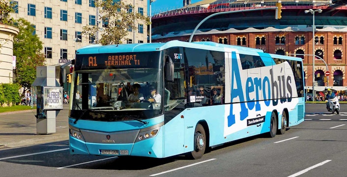 Aerobus on Barcelona street, transporting passengers from airport to city center.