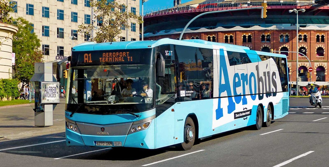 Aerobus on Barcelona street, transporting passengers from airport to city center.