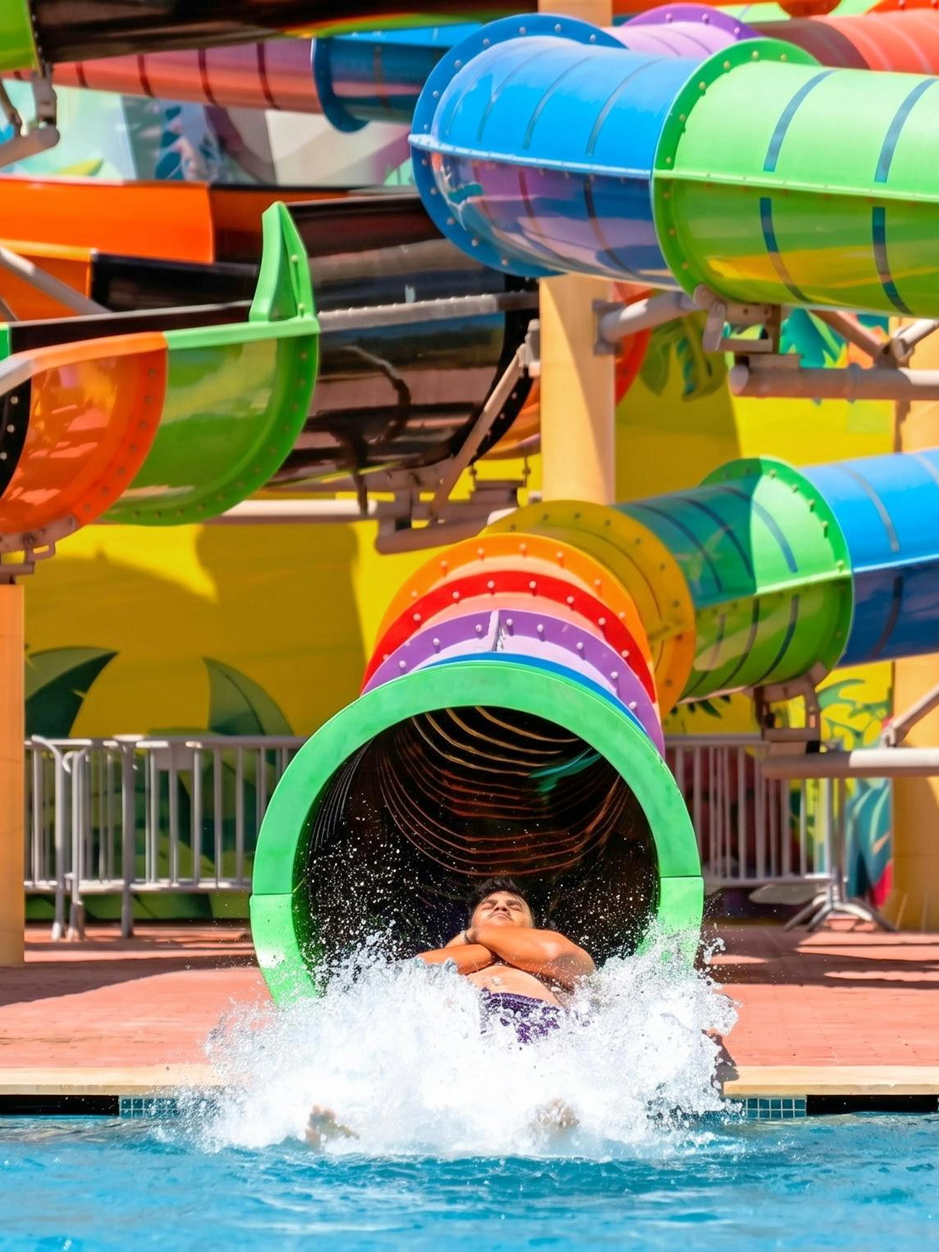 Person exiting colorful water slide at Agadir Aqua Park.