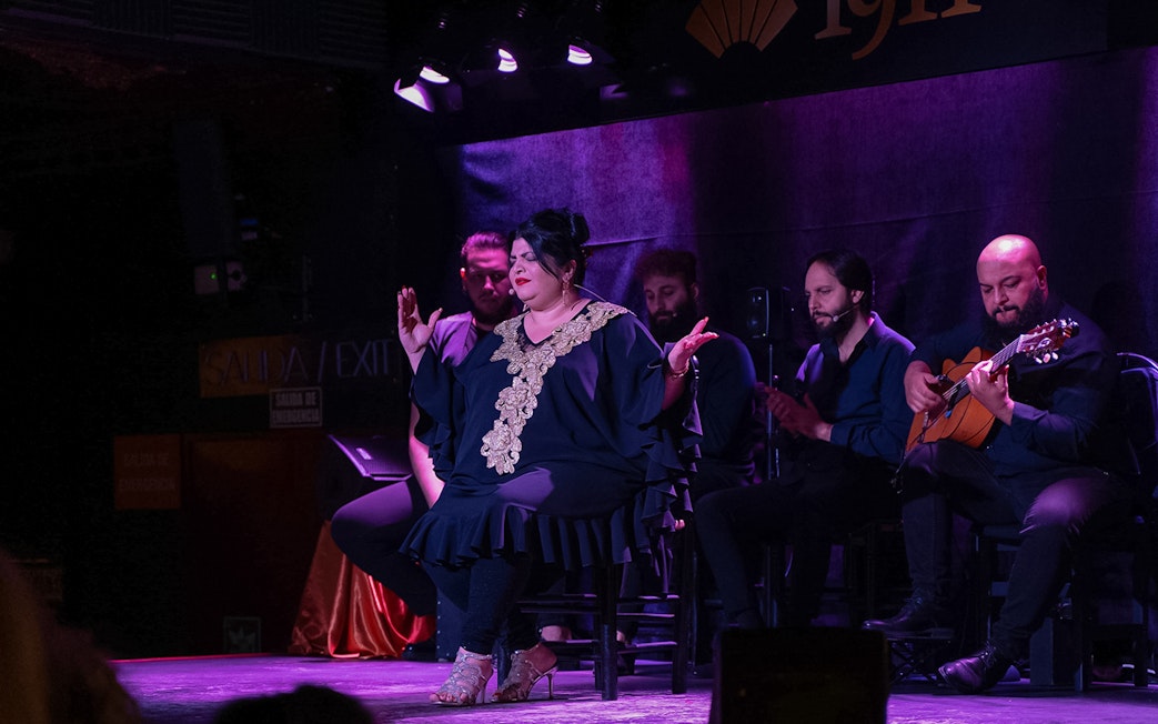 Flamenco performance at Tablao Flamenco 1911 with singer and musicians on stage.