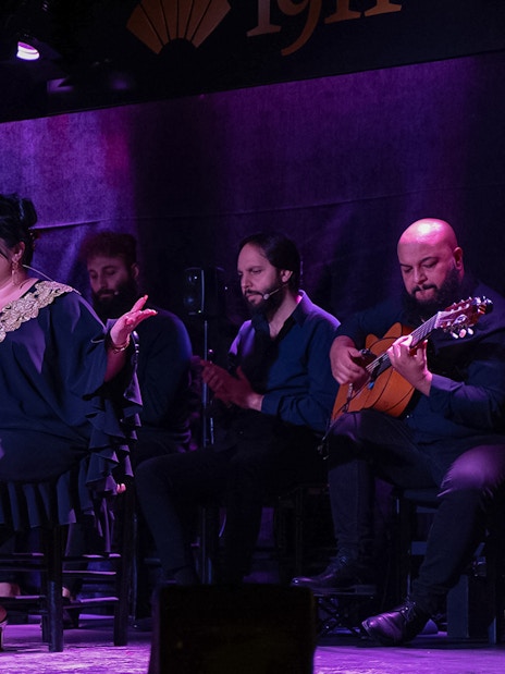 Flamenco performance at Tablao Flamenco 1911 with singer and musicians on stage.