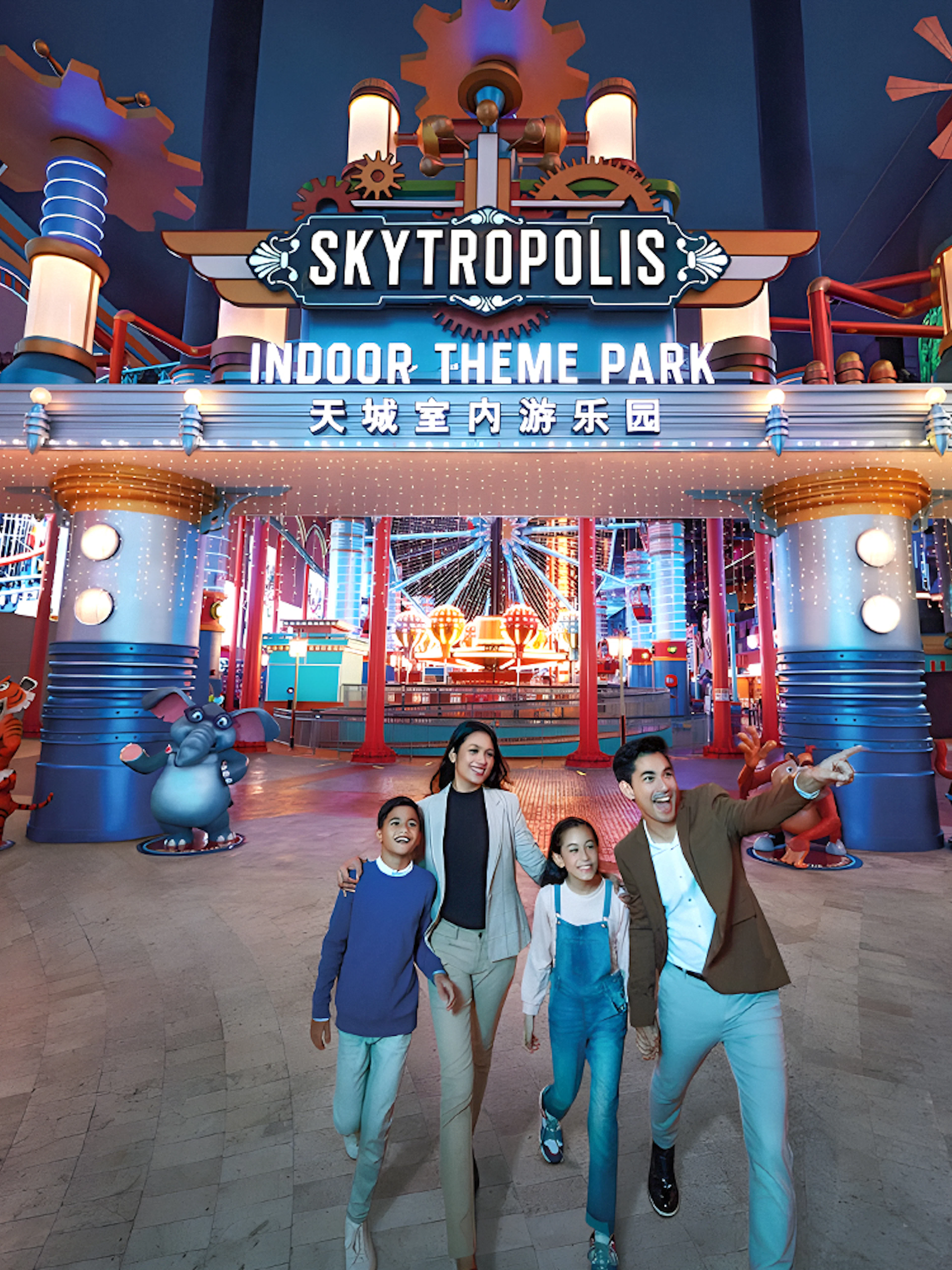Family enjoying Genting Skytropolis Indoor Theme Park entrance with colorful lights.