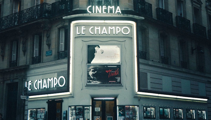 Le Champo cinema facade with classic marquee in Paris, France.