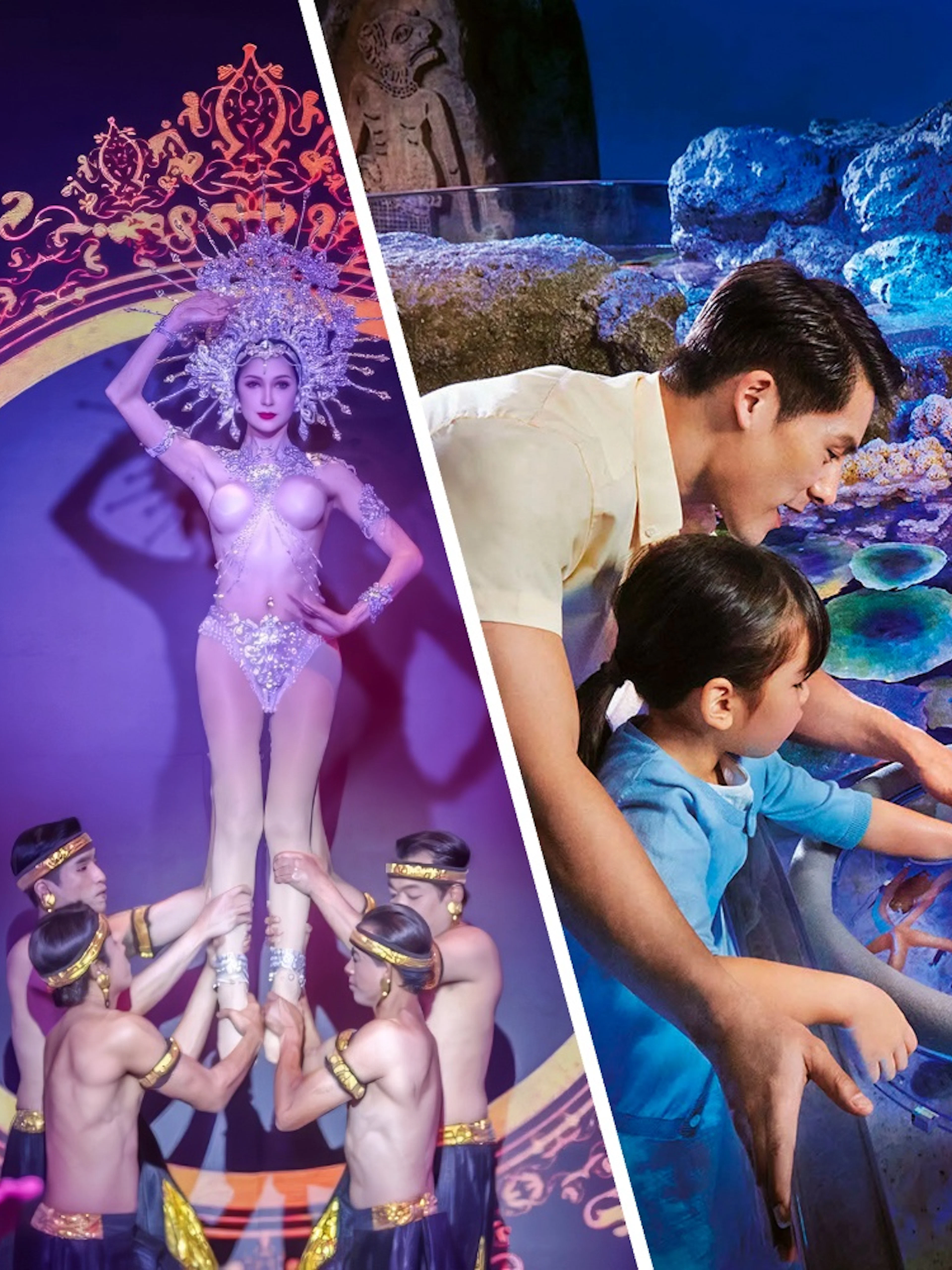 Dancers performing at Calypso Cabaret in Bangkok with ornate backdrop.
