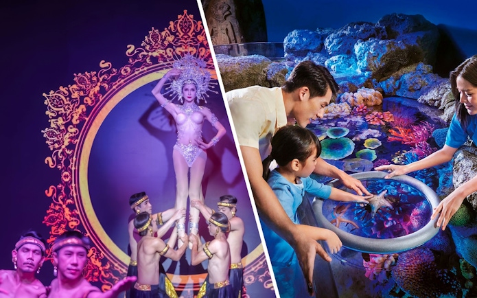 Dancers performing at Calypso Cabaret in Bangkok with ornate backdrop.