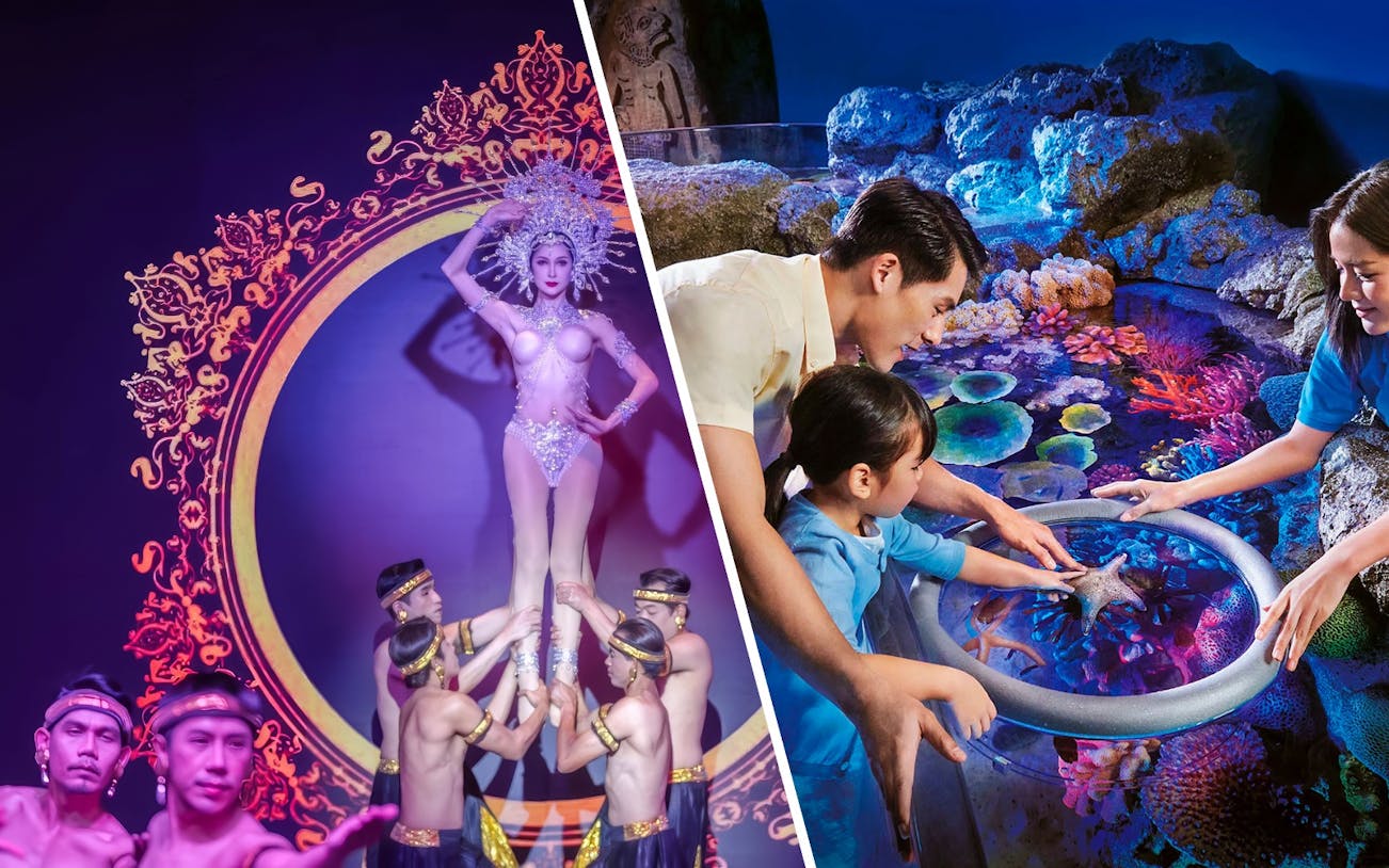 Dancers performing at Calypso Cabaret in Bangkok with ornate backdrop.