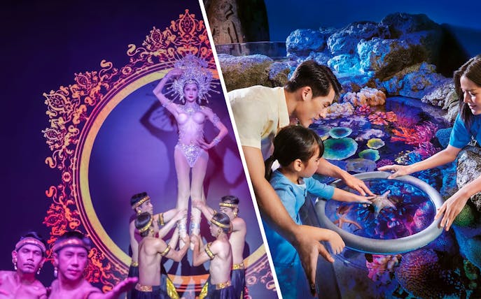 Dancers performing at Calypso Cabaret in Bangkok with ornate backdrop.