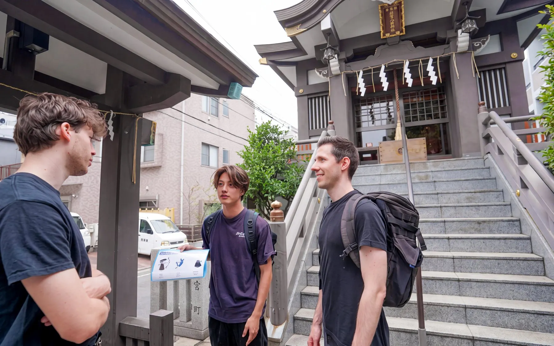 Visitors discussing outside a Tokyo shrine during a Samurai experience tour.