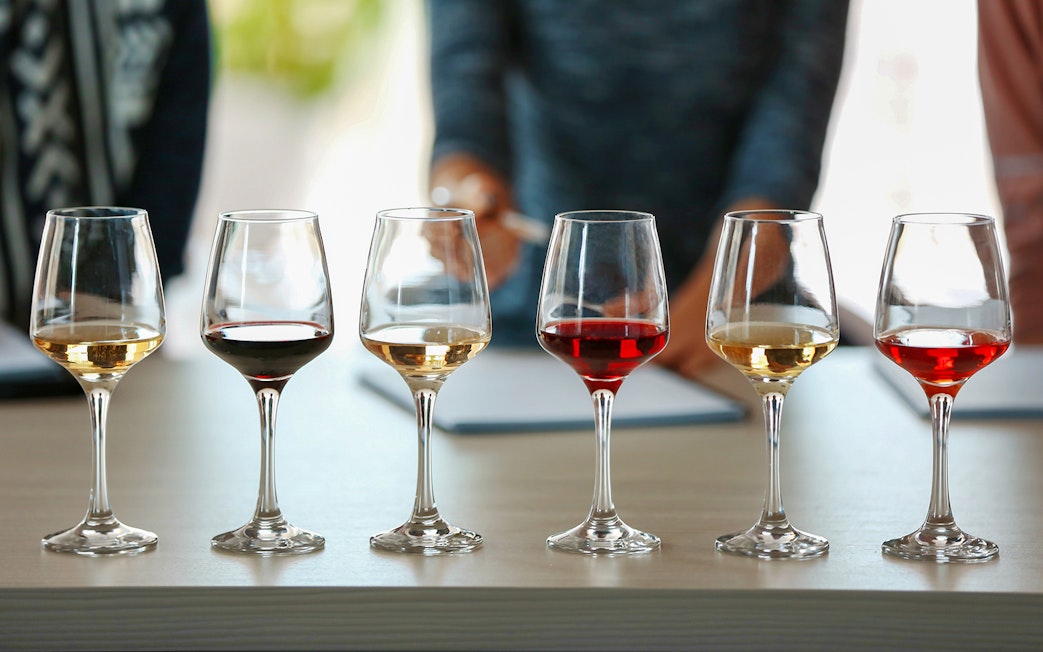 Wine tasting glasses with various wines at Cotes de Provence, Cezanne Countryside.