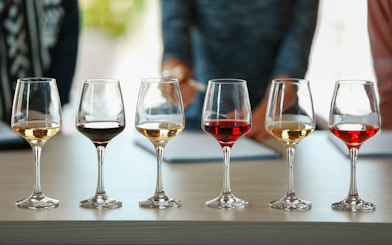 Wine tasting glasses with various wines at Cotes de Provence, Cezanne Countryside.