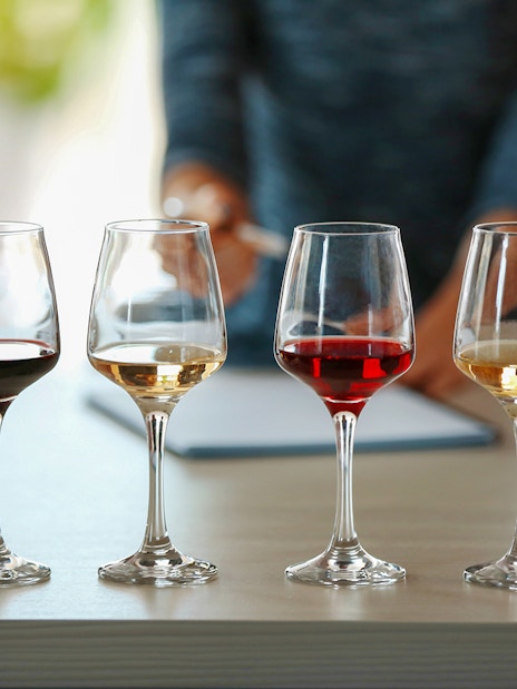 Wine tasting glasses with various wines at Cotes de Provence, Cezanne Countryside.