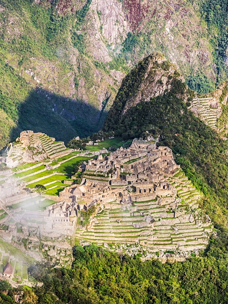 Panoramic view of Machu Picchu ruins from Sun Gate, Peru.