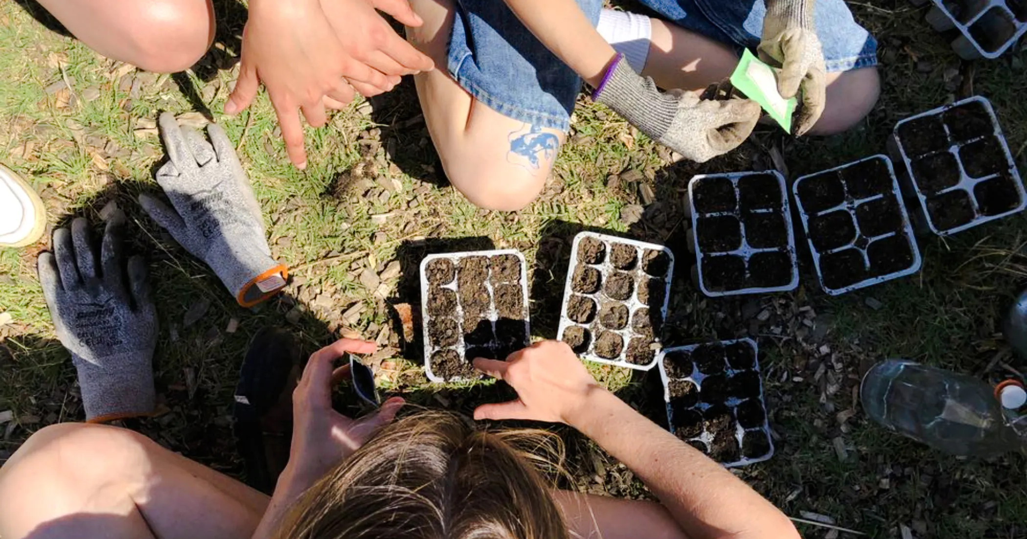 Participants planting seeds in trays at Village Solaire workshop, Essaouira.