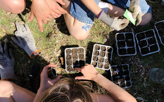 Participants planting seeds in trays at Village Solaire workshop, Essaouira.