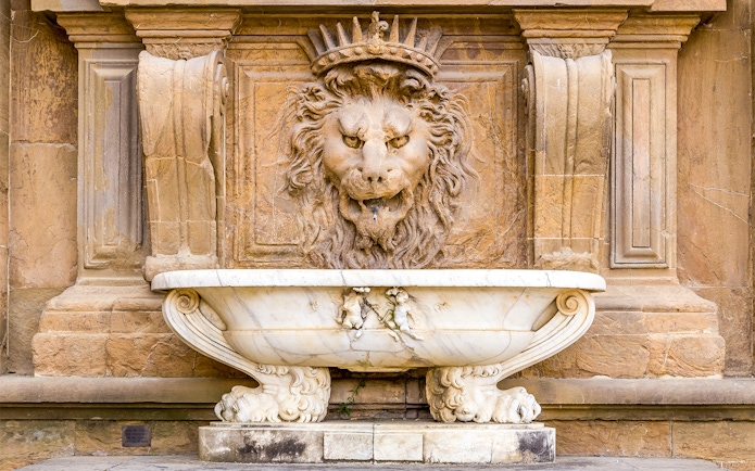 Lion stucco fountain at Palazzo Pitti, Florence.