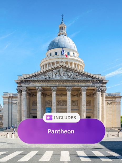 Pantheon in Paris with a person crossing the street, included in Paris Museum Pass.