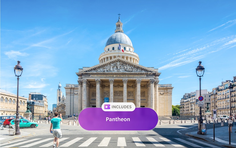 Pantheon in Paris with a person crossing the street, included in Paris Museum Pass.
