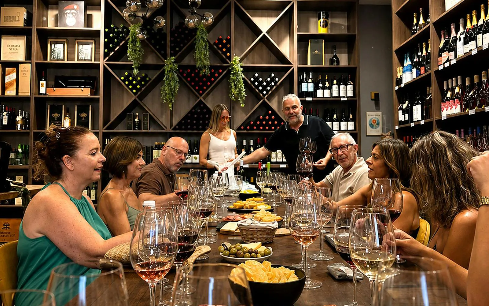 Group enjoying wine tasting with tapas in Málaga wine cellar.