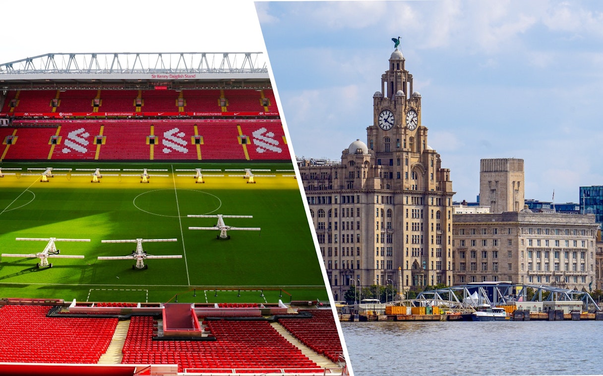 Royal Liver Building exterior and Anfield Stadium in Liverpool.