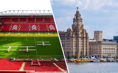 Royal Liver Building exterior and Anfield Stadium in Liverpool.