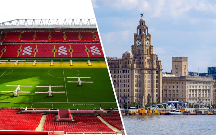 Royal Liver Building exterior and Anfield Stadium in Liverpool.