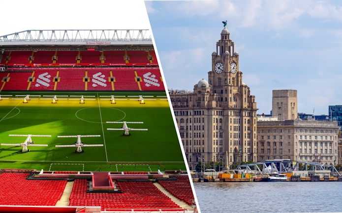 Royal Liver Building exterior and Anfield Stadium in Liverpool.