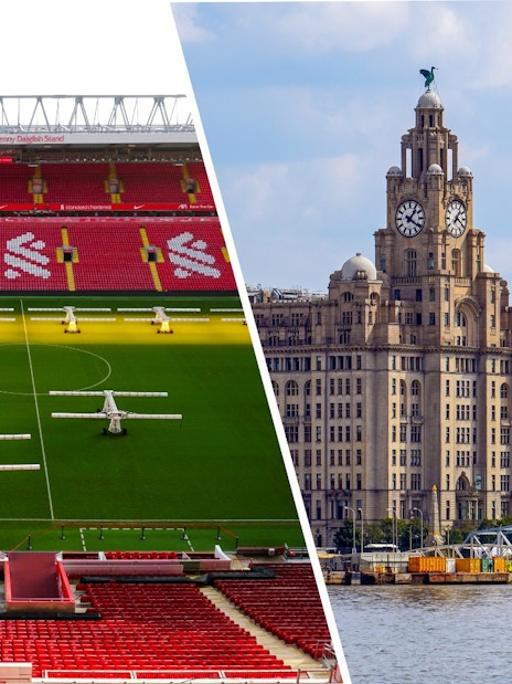 Royal Liver Building exterior and Anfield Stadium in Liverpool.