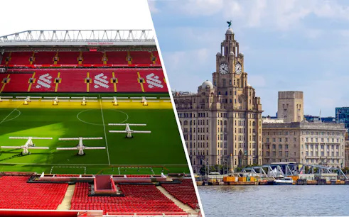 Royal Liver Building exterior and Anfield Stadium in Liverpool.