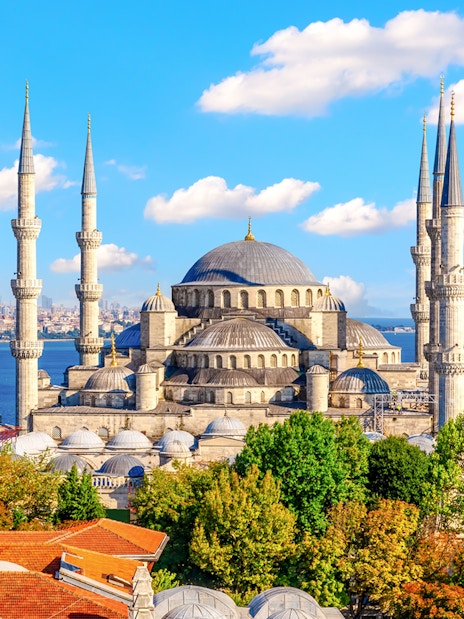 Blue Mosque exterior with minarets and domes, Istanbul skyline and Bosphorus in background.