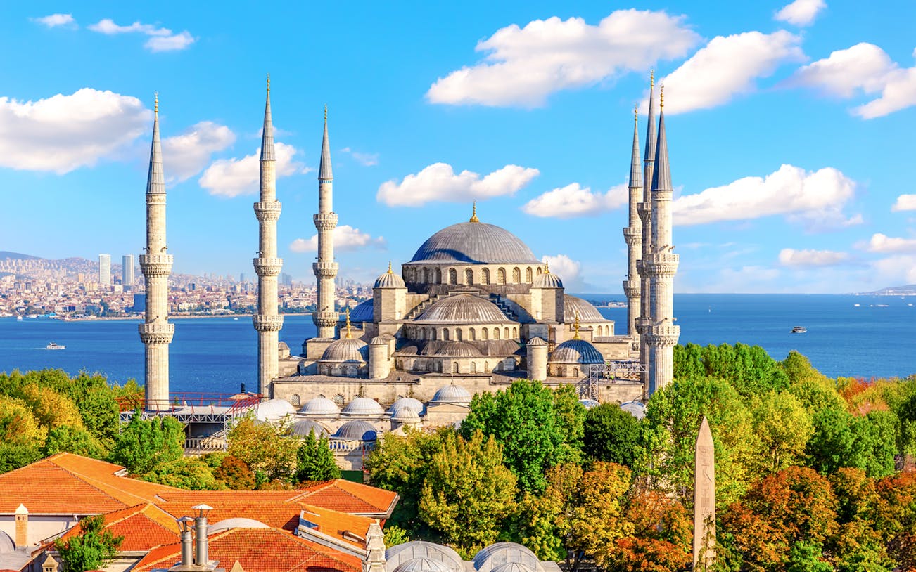 Blue Mosque exterior with minarets and domes, Istanbul skyline and Bosphorus in background.