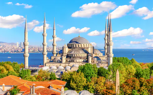 Blue Mosque exterior with minarets and domes, Istanbul skyline and Bosphorus in background.