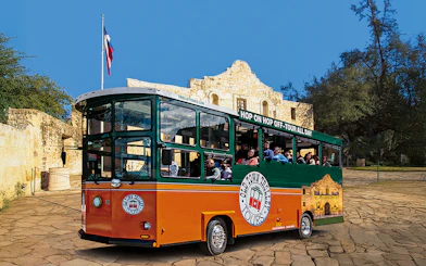 Old Town Trolley in front of the Alamo, San Antonio.