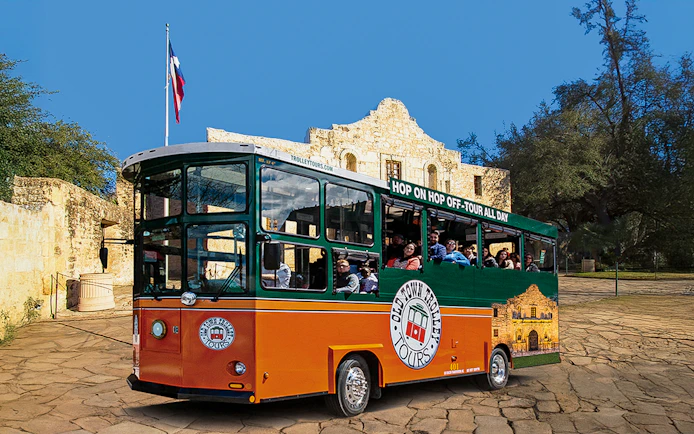 Old Town Trolley in front of the Alamo, San Antonio.