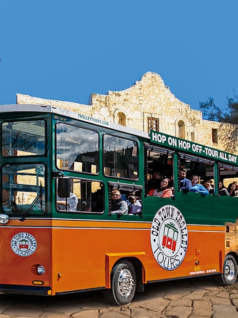 Old Town Trolley in front of the Alamo, San Antonio.