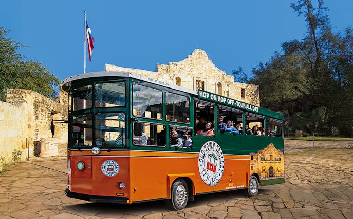 Old Town Trolley in front of the Alamo, San Antonio.