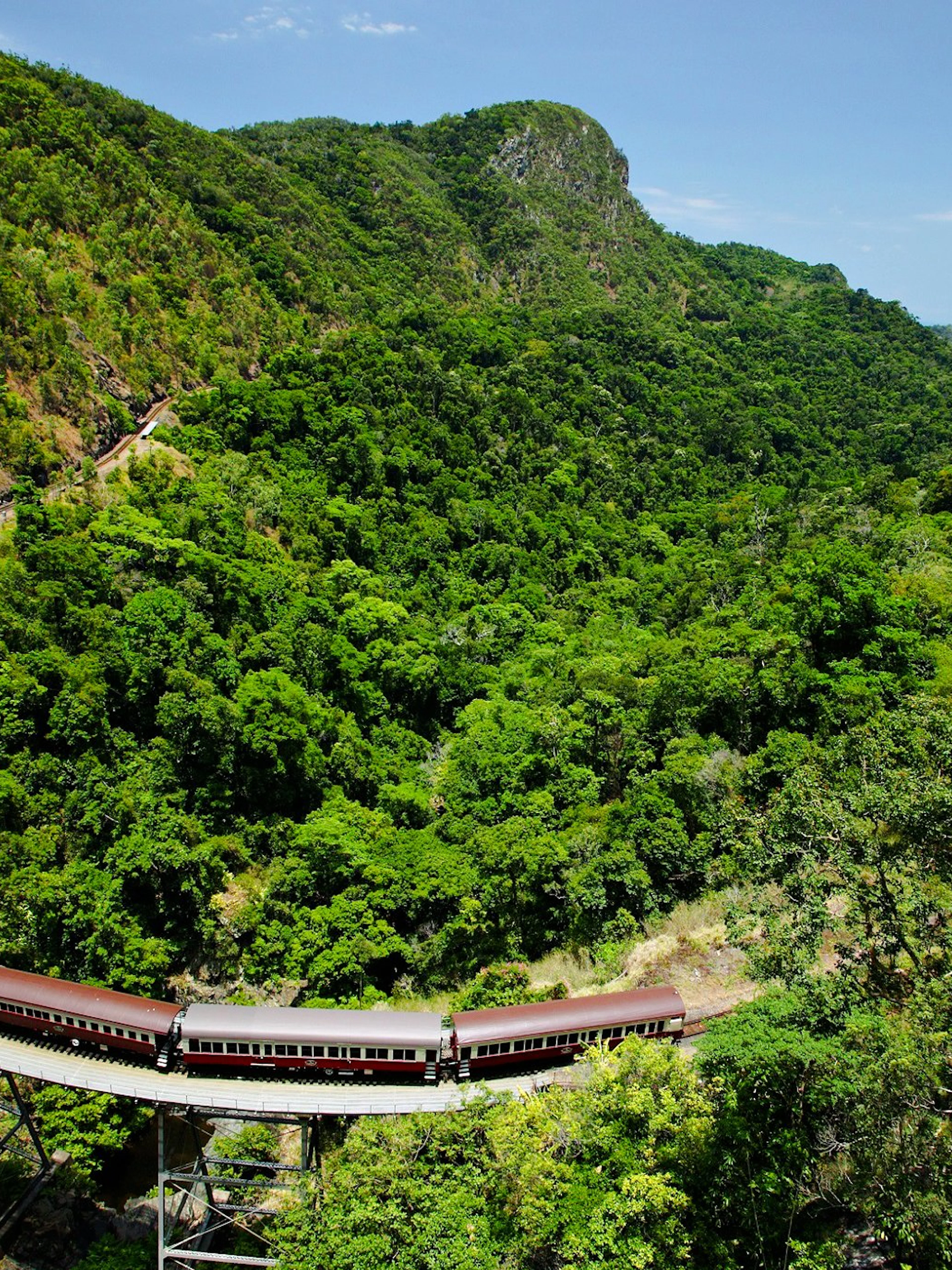 Scenic train crossing a lush green valley on a guided tour with transfers.