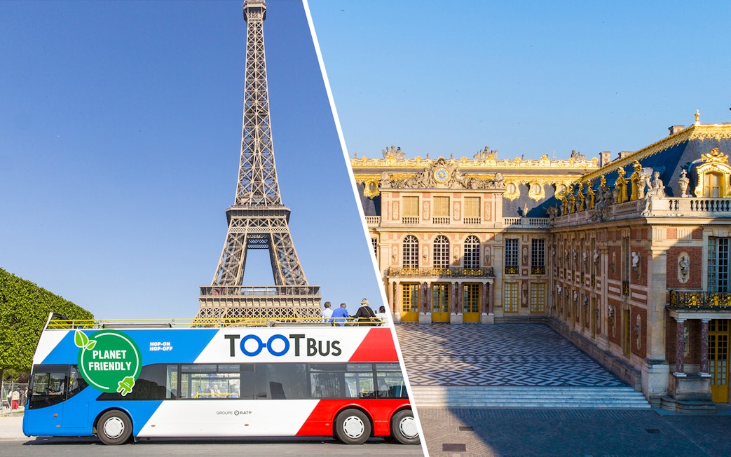 Tootbus in front of Eiffel Tower and Versailles Palace, Paris tour.
