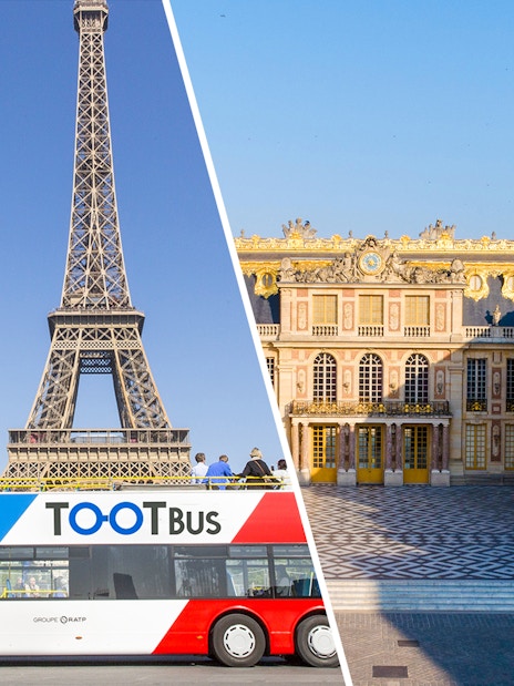 Tootbus in front of Eiffel Tower and Versailles Palace, Paris tour.