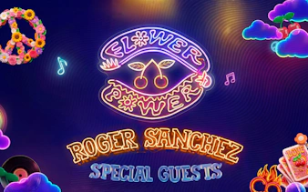 Neon sign for Flower Power event at Pacha Ibiza with peace symbol and music notes.