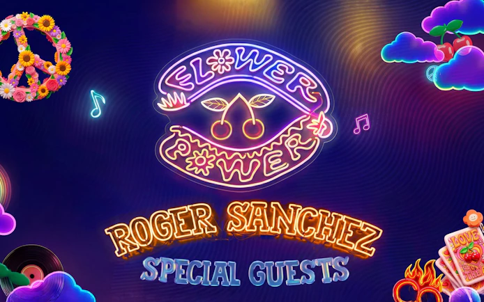 Neon sign for Flower Power event at Pacha Ibiza with peace symbol and music notes.