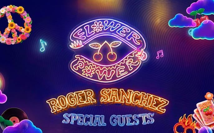 Neon sign for Flower Power event at Pacha Ibiza with peace symbol and music notes.