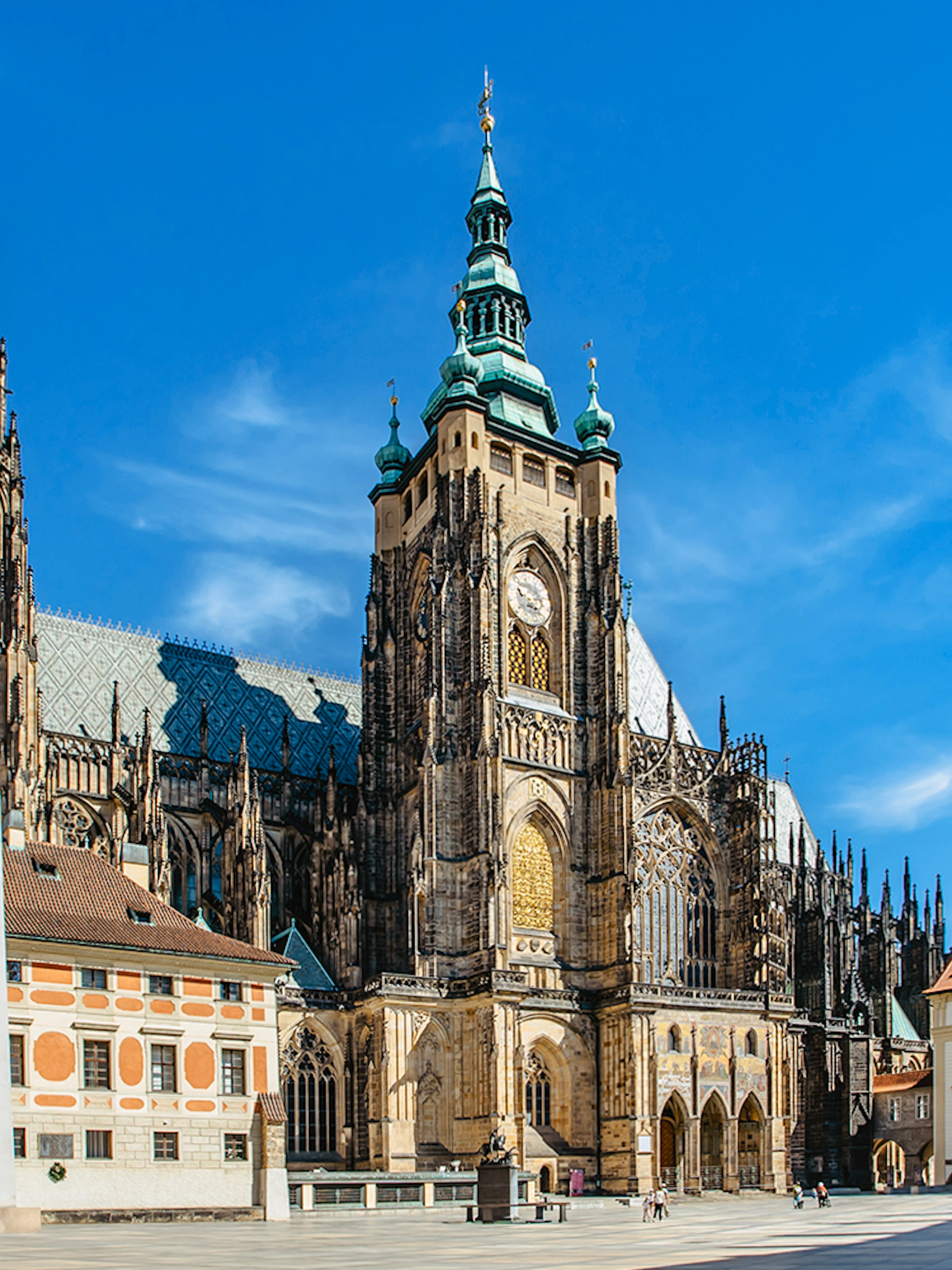St Vitus Cathedral exterior with Gothic architecture in Prague, Czech Republic.