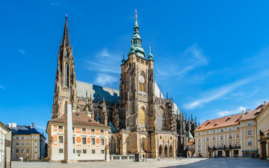 St Vitus Cathedral exterior with Gothic architecture in Prague, Czech Republic.