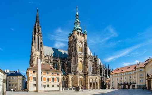 St Vitus Cathedral exterior with Gothic architecture in Prague, Czech Republic.