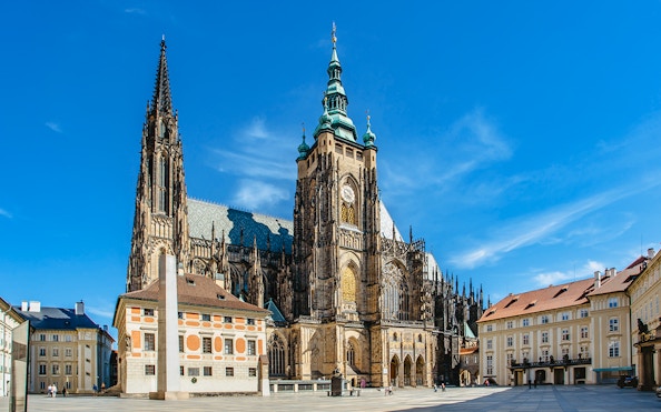 St Vitus Cathedral exterior with Gothic architecture in Prague, Czech Republic.