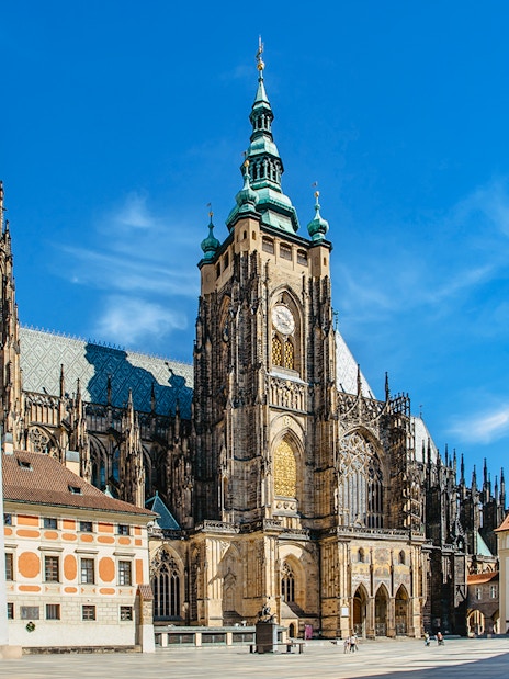 St Vitus Cathedral exterior with Gothic architecture in Prague, Czech Republic.