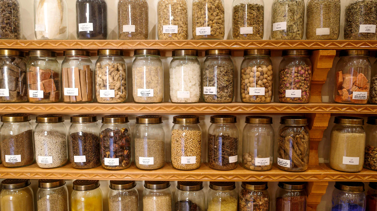 Jars of dried seeds and spices at the Moroccan Museum of Culinary Arts.