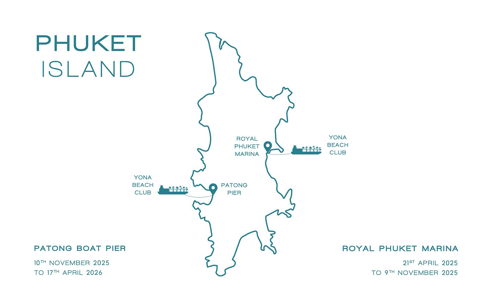 Map of Phuket Island showing Yona Beach Club, Patong Pier, and Royal Phuket Marina locations.