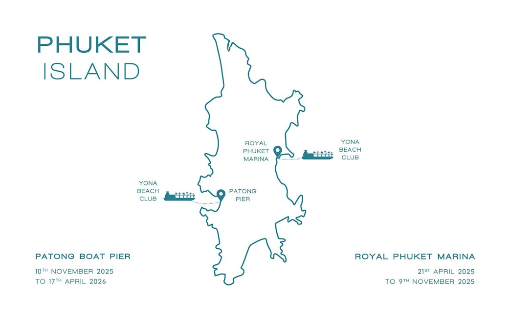 Map of Phuket Island showing Yona Beach Club, Patong Pier, and Royal Phuket Marina locations.