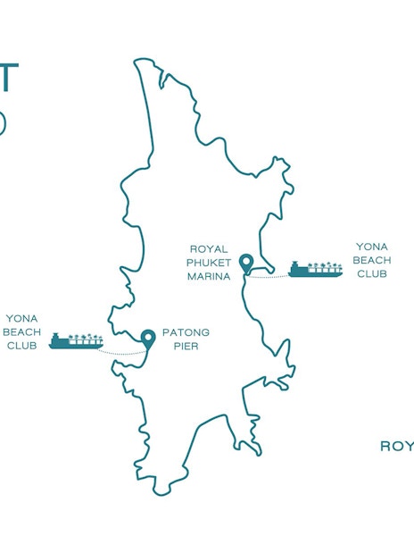 Map of Phuket Island showing Yona Beach Club, Patong Pier, and Royal Phuket Marina locations.